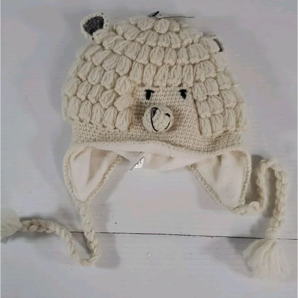 English Heritage Knit Wool Beanie Hat Alpaca Llama Ear Flap Chin Tie‎ Lined Tags